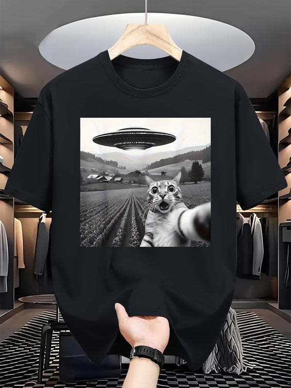 Men's Black Cotton T-Shirt with Funny Cat and UFO Print.