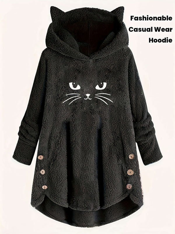 Women's Fashion Fluffy Embroidered Cat Ear Casual Hoodie.