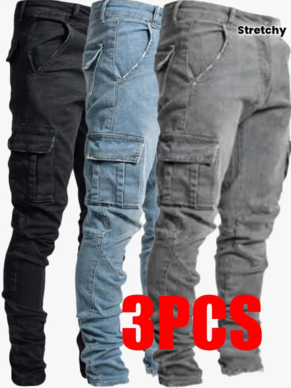 Men's Casual Multi-Pocket Stretchy Denim Pants Set of Three.