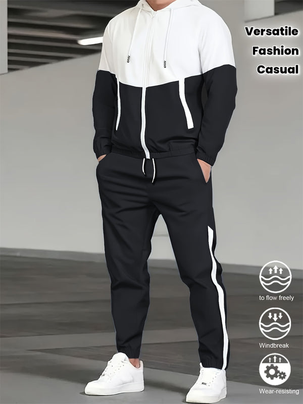 2pcs Men's Spring And Autumn Hooded Color-Block Casual Sports Suit.
