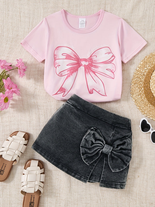 Summer Denim Set, Pink Printed T-Shirt + Black Bow Shorts Two-Piece Outfit.