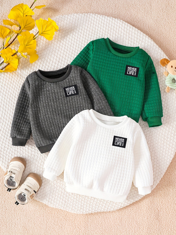 3pcs Set Boys Long Sleeve Sweatshirt, Textured Bubble Plaid Sweatshirt.