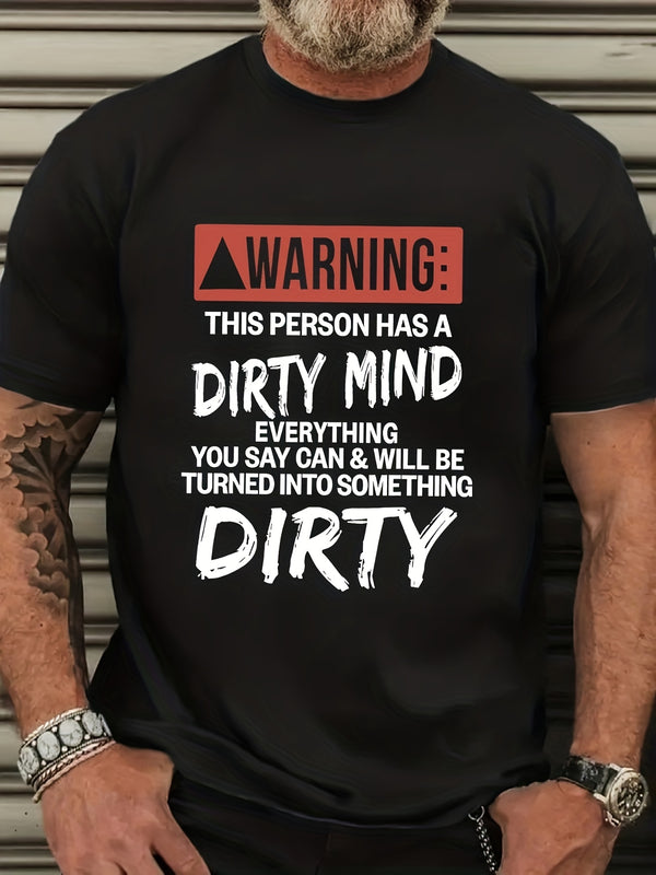 Men's Letter Graphic T-Shirt - Black with Bold White And Red Warning Prints.