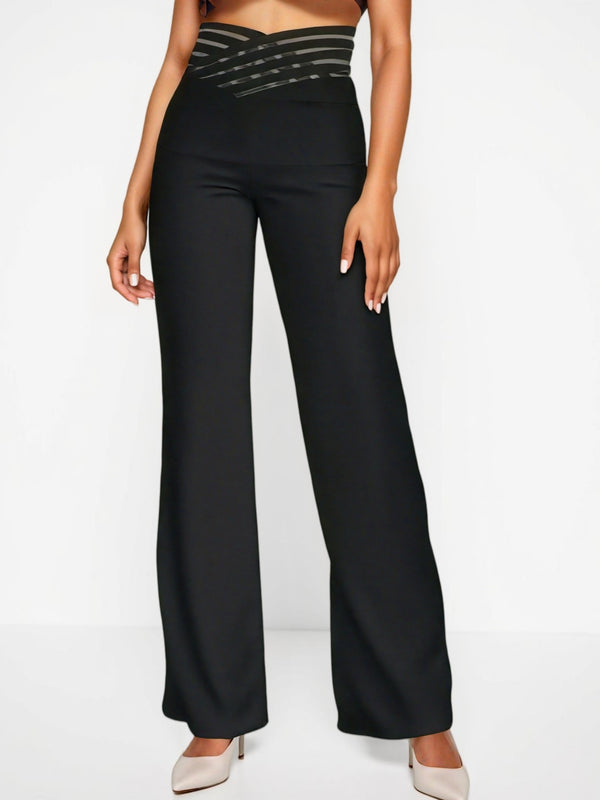 Women’s Solid Color Cross-Over Transparent Mesh Patch High-Waist Pants.