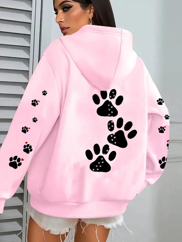 Women's Casual Hoodie with Dog Paw Print Back Design.