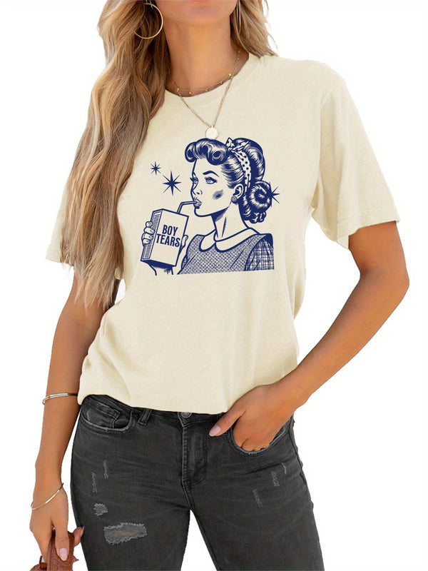 Women’s Graphic Print T-shirt, Short Sleeve Crew Neck Casual.
