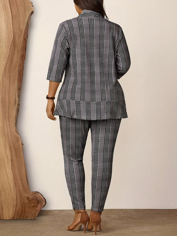 Women's Two-Piece Plaid Print Casual Three-Quarter Sleeve Work.