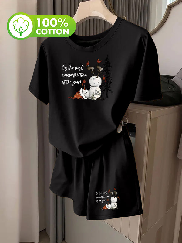 Women's Stylish Christmas Snowman Printed Short-Sleeve And Shorts Set.