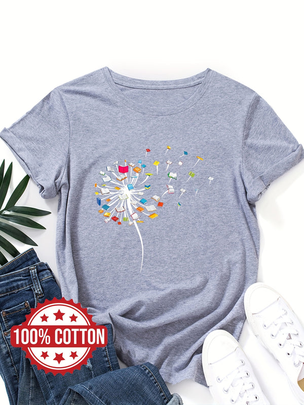 Women's "Dandelions and Books" Graphic T-Shirt.