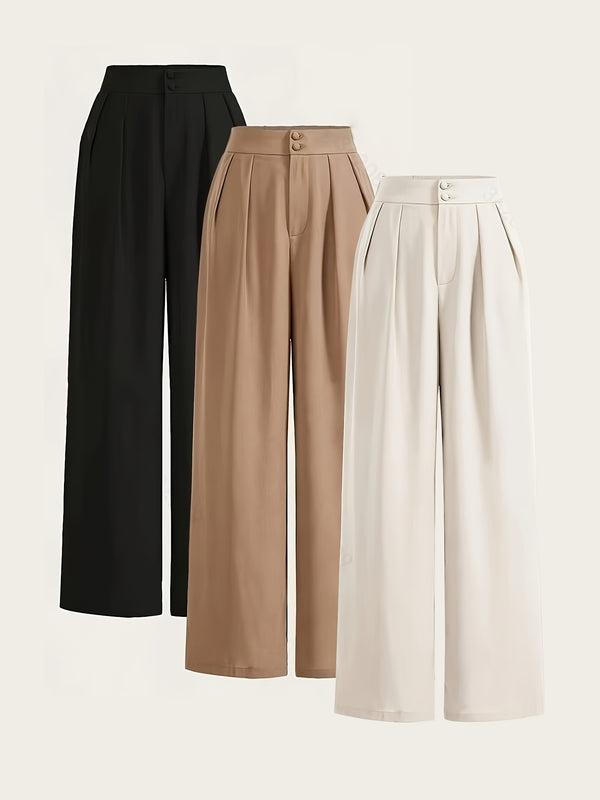 Women’s 3pcs Set Wide-Leg Pants, High-Waist with Double Buttons.