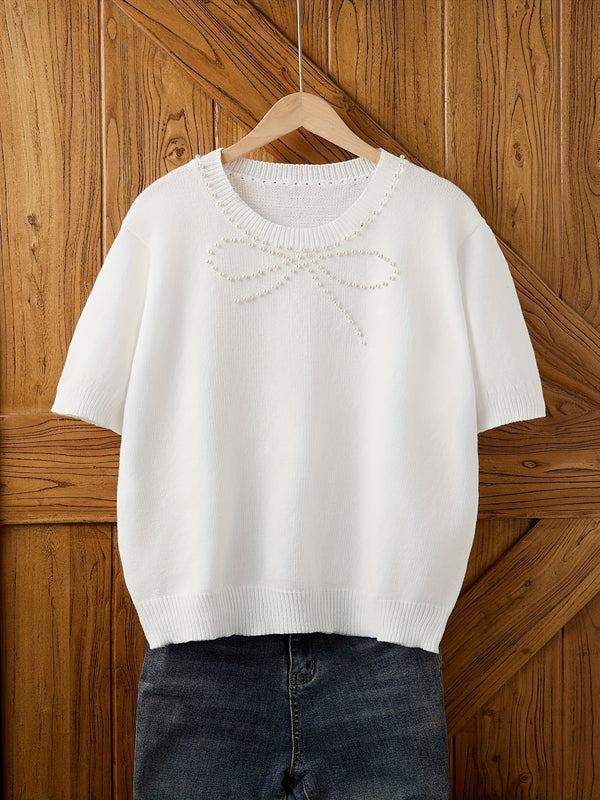 Women's Plus Size Elegant Beaded Bow & Short Sleeve Blouse.
