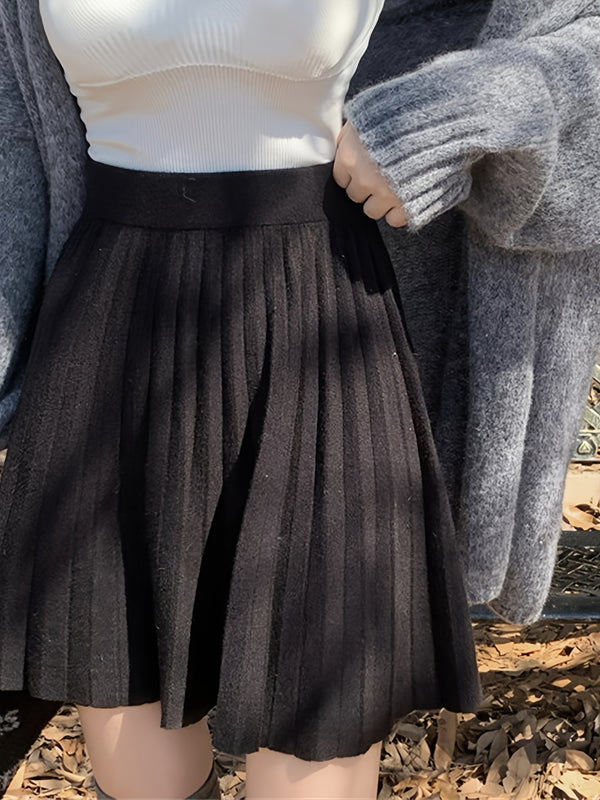 Cute And Playful High-Waisted Pleated Solid Color Mini Skirt.