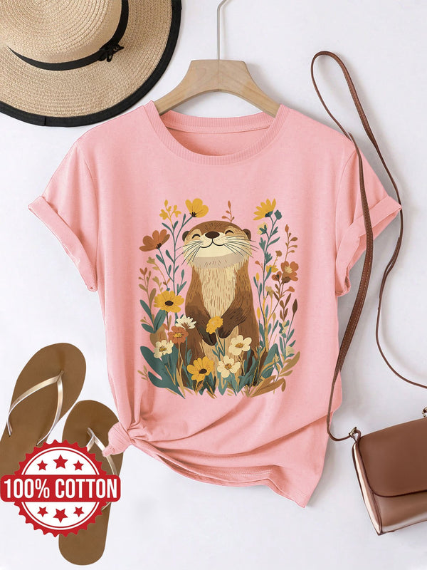 Women's Cute Otter & Floral Print T-Shirt.