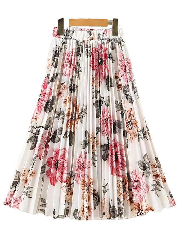 Women'S Pleated Midi Skirt with Peony Print.