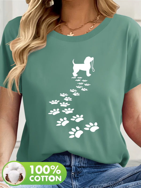 Women's Casual Short Sleeve T-Shirt with Dog Silhouette & Paw Print Graphic.