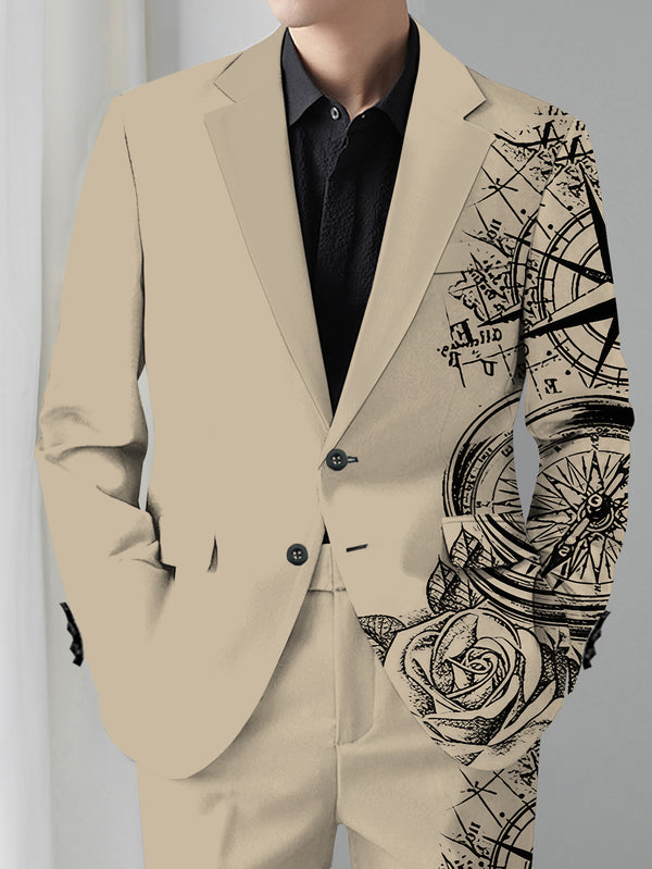 Men's Suit Set: Printed Business Suit Jacket and Trousers 2pcs Set.