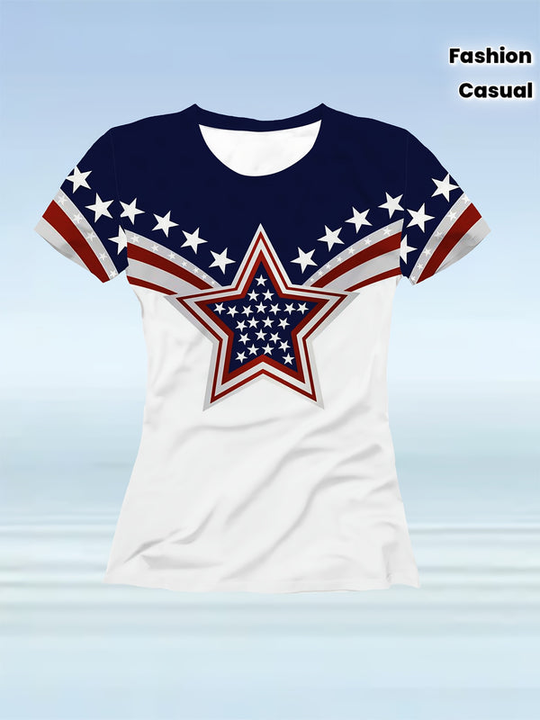 Casual Fashion Five-Pointed Star Digital Print Women's T-Shirt.