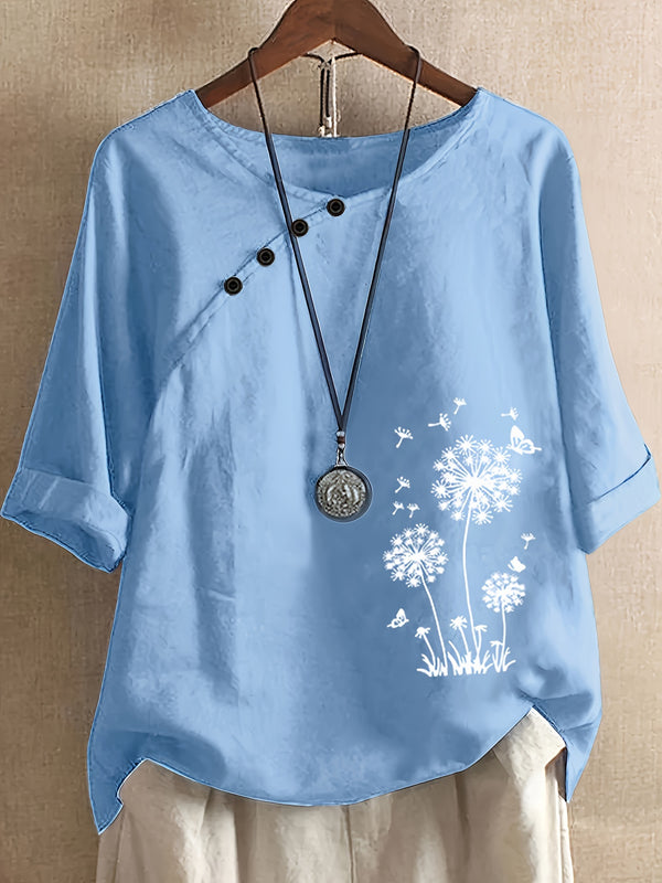 Casual Loose Blend Dandelion Print Short Sleeve Pullover T-Shirt for Women.