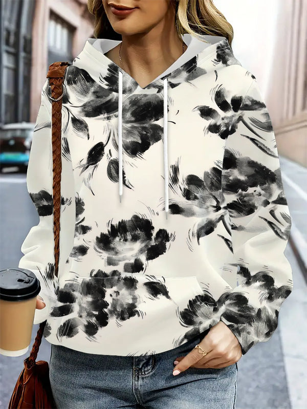 Women's Casual Hoodie with Black And White Floral Ink Wash Print .