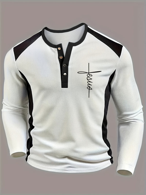 Men's Fashion Waffle Knit Color Block Button-Up Long Sleeve.