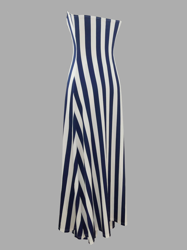 Women's Off-Shoulder Pantsuit with Side Pockets, Featuring Striped Prints.