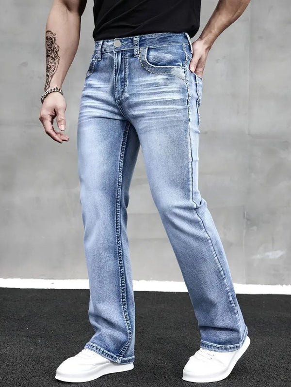 Men's Stretch Simple Straight-Leg Jeans in Light Blue.