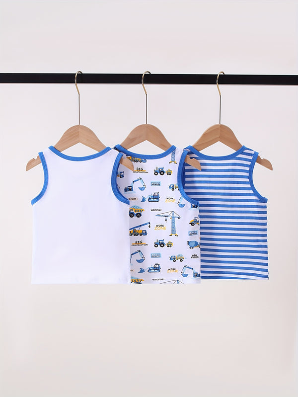 Boys Summer Tank Top Set 3pcs, Blue Print Sleeveless T-Shirt for Kids.