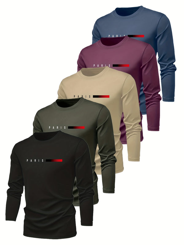 5pcs Breathable And Comfortable Long-Sleeve Crew Neck T-Shirts for Men.