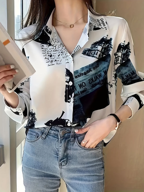 Women’s Letter Print Button- Shirt, New Spring/Autumn Casual Long Sleeve.