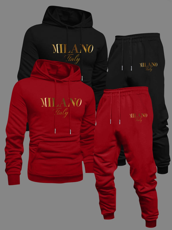 Men's Fashion Slogan Hoodie Four-Piece Set with Drawstring Elastic.