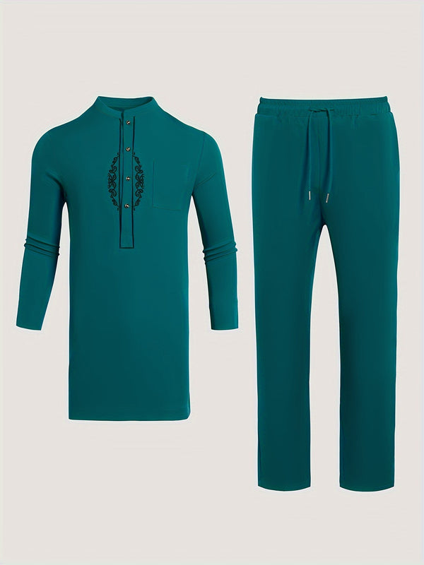 Men's Dashiki Set, Long Sleeve, Stand Collar, Button-Up, Pockets.