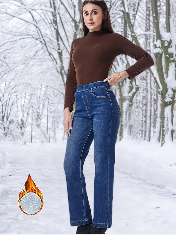 Autumn/Winter New Elastic Waistband Plush-Lined Straight-Leg Jeans for Women.