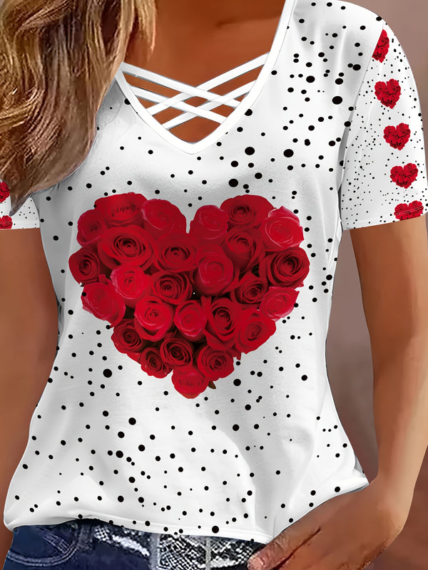 Elegant Women's Short-Sleeve T-Shirt with Heart And Rose Floral Print.