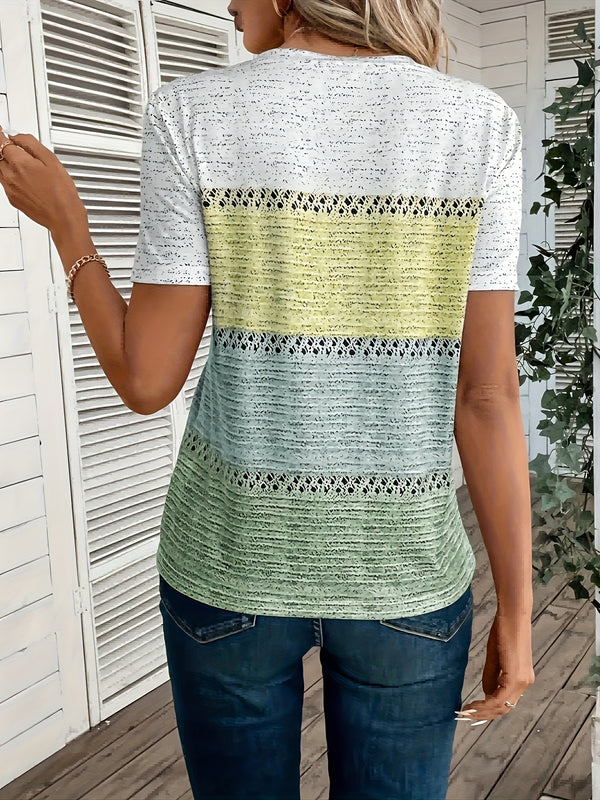 Plus Size Women's Casual V-Neck Top - Stretch Short Sleeves.