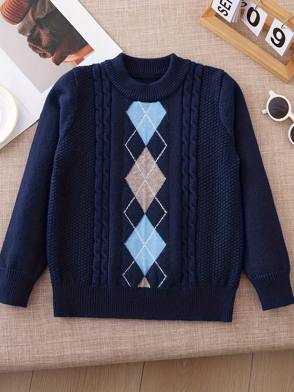 Mid-Sized Diamond Patterned Jacquard Turtleneck Sweater.