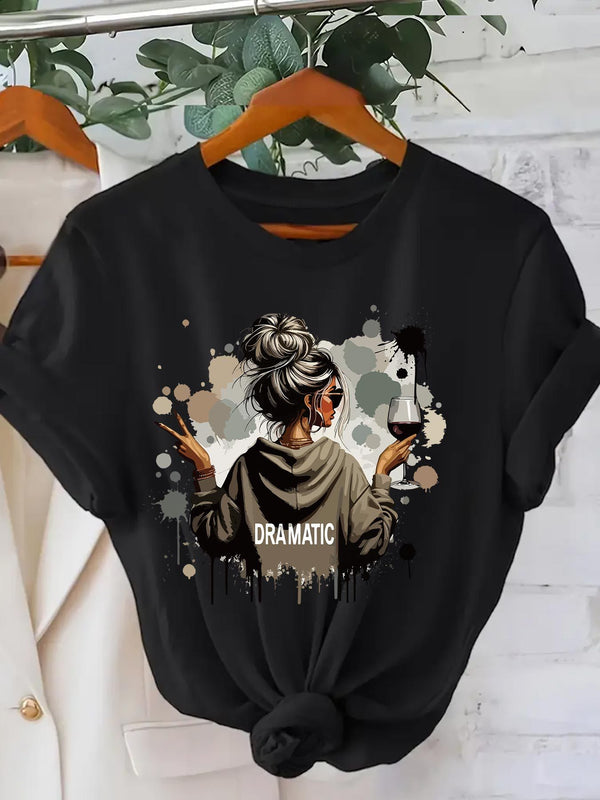 A Women's Stylish Printed Short-Sleeve T-Shirt with a Round Neck.