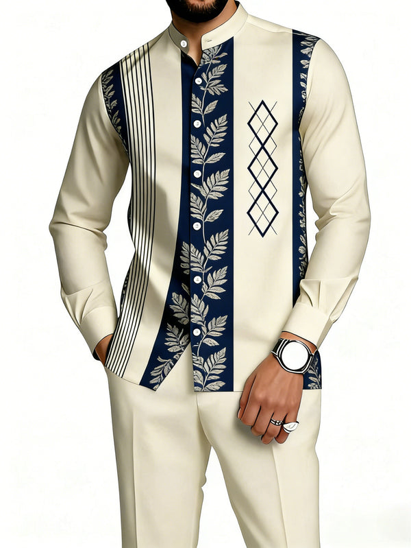 Set of 2 Men's Casual Shirts Long-Sleeved Shirt Paired with Casual Trousers.