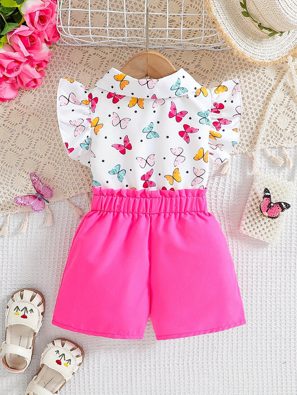Cute Summer Outfit for Baby Girls Featuring a Collared Butterfly Shirt Paired.