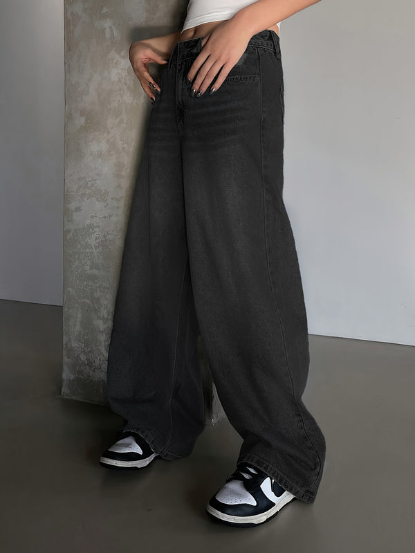 Women's New Washed Blue Wide-Leg Ultra-Long Floor-Length Ripped Loose-Fit Wide-Leg Casual Jeans.