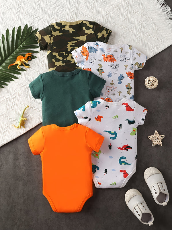 5pcs Baby Casual Triangle Bodysuit Set, Dinosaur Short-Sleeved Jumpsuit.
