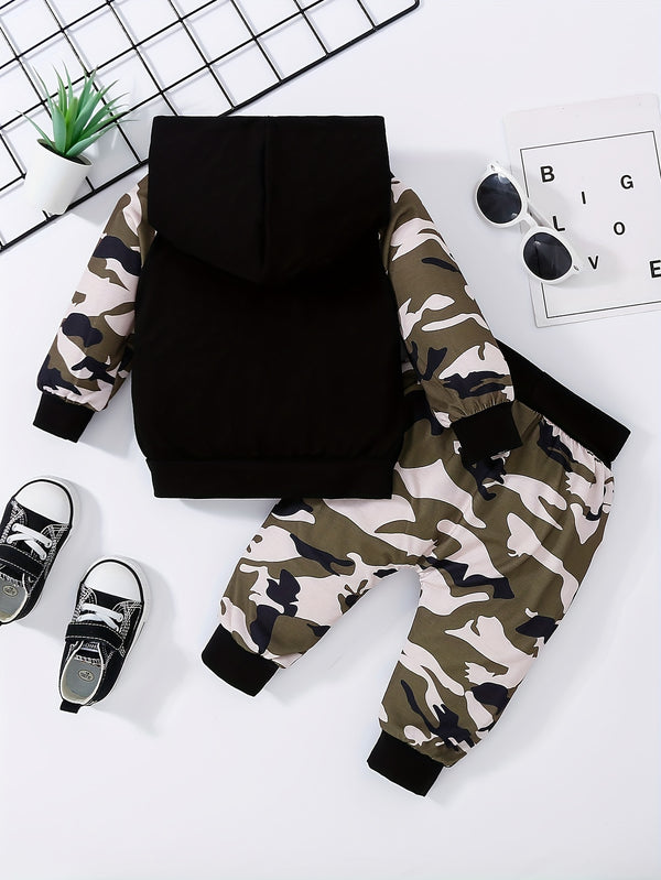 Baby Letter Slogan Print Camo Pocket Hoodie & Camo Pants Set, for Outdoor.