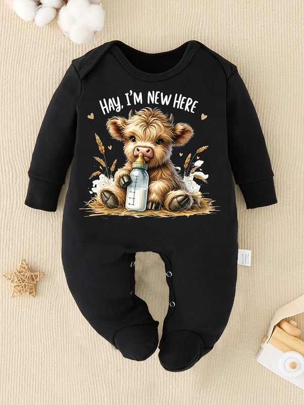 Hay I'M New Here Cartoon Pattern Print New Baby Footed Romper Four Seasons.