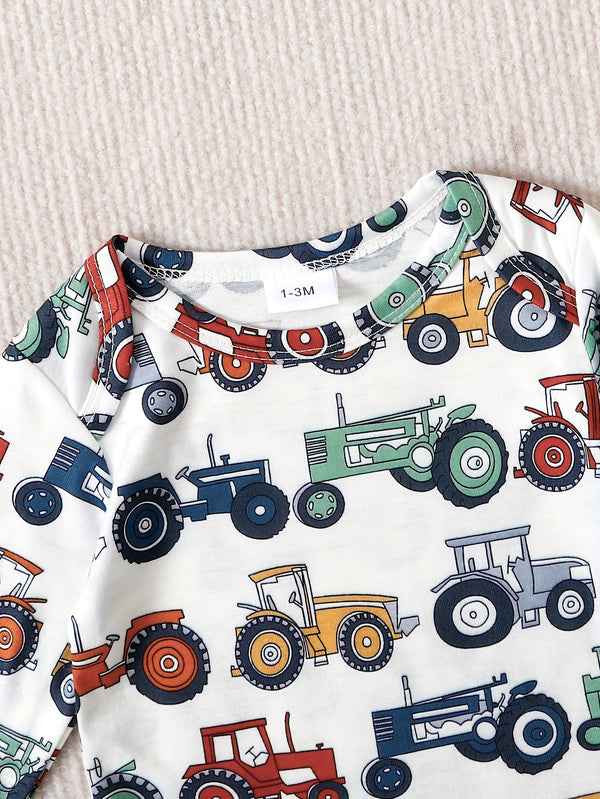 Boys' Cute Cartoon Tractor All-Over Print Romper and Comfortable Pants.
