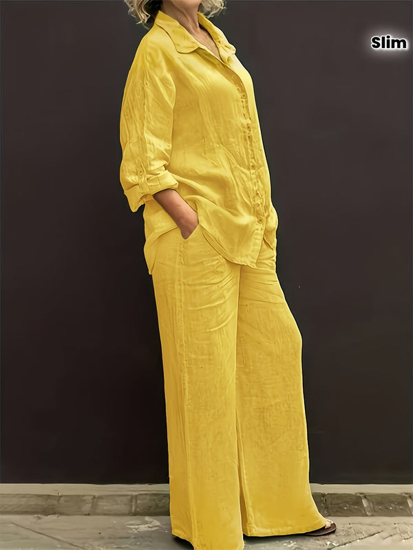 Women’s Casual Collar Cardigan and Wide-Leg Pants Set.