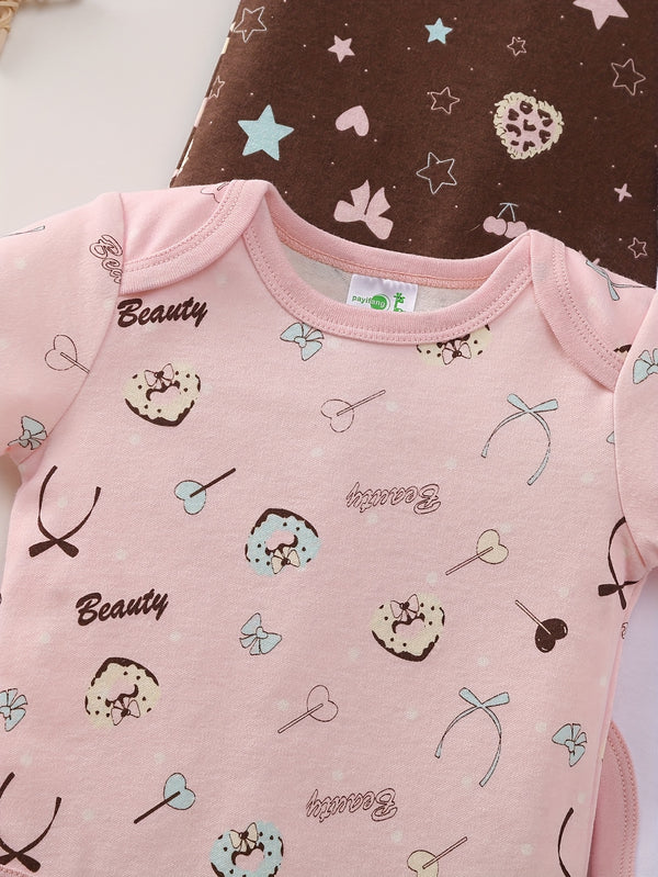 5pcs Set of Colorful Cartoon Cake Print Short-Sleeve Outfits for Baby Girls.