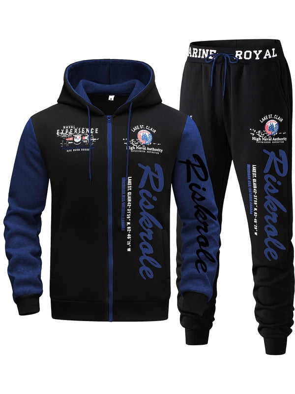 Men's Hooded Sweatshirt with Letter Print, Two-Piece Sports Running Outfit.