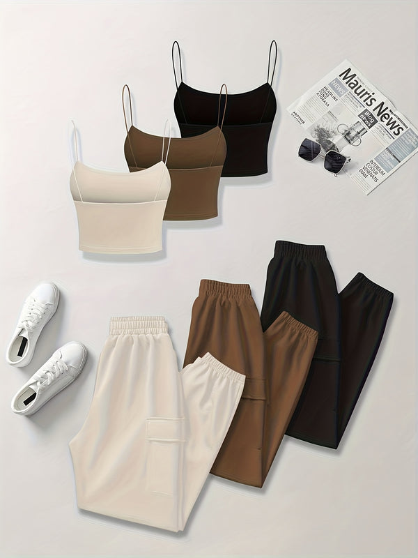 6pcs Women's Casual Short Camisole And Elastic Waist Pocket Work Pants.