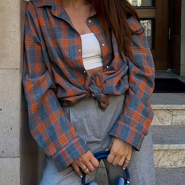 Spring Plaid Long-sleeve Pocket Women's Blouse.