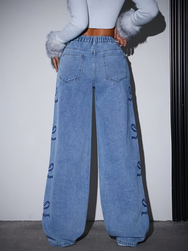 Women’s New Style Wide-Leg Jeans with Bow Embroidery.