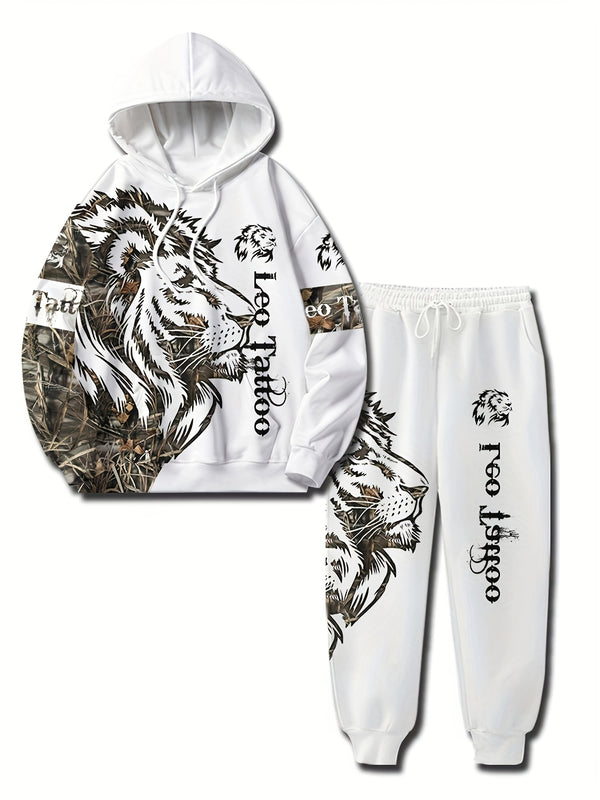 Polyester Hooded Tracksuit Set for Men - Casual Geometric Lion Print.
